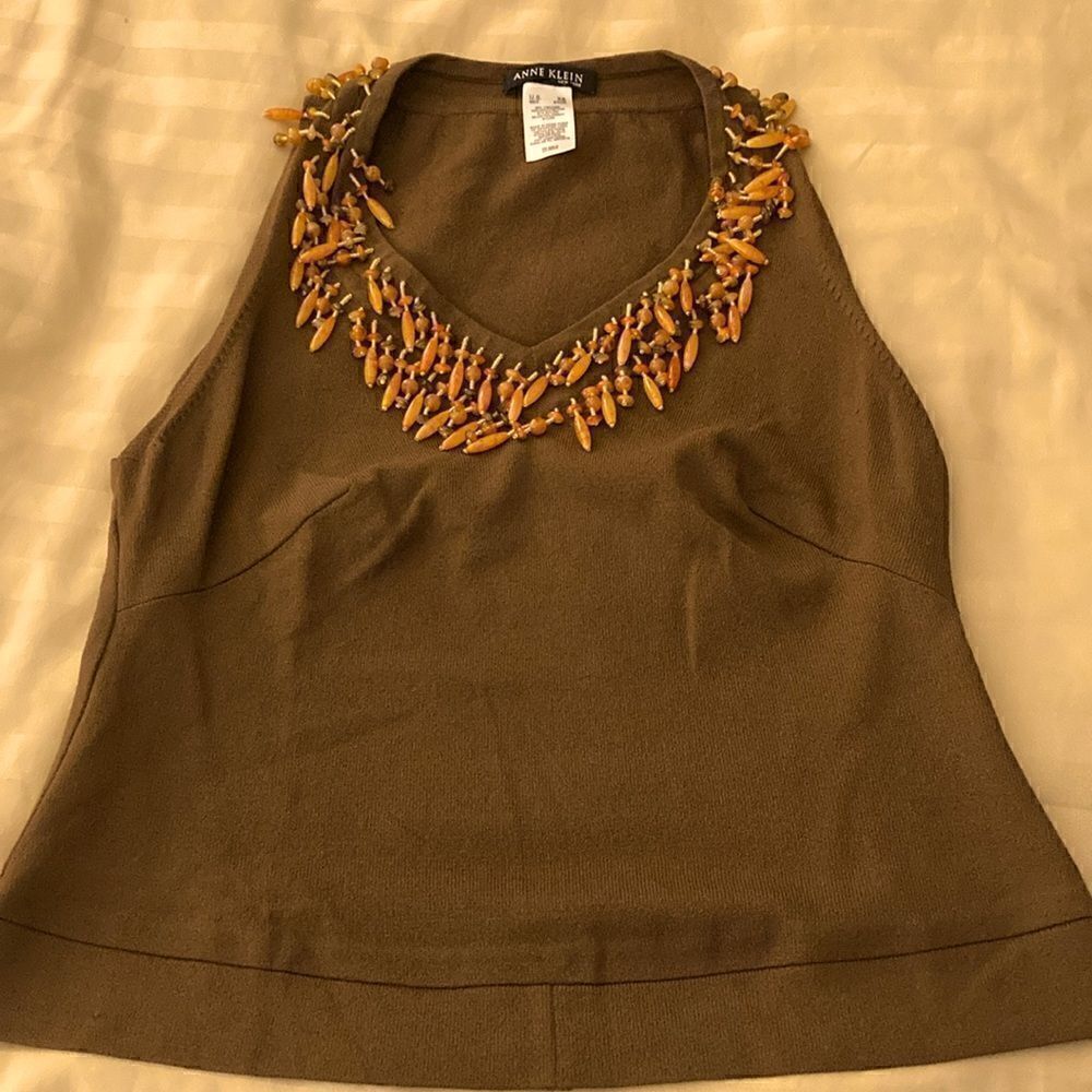 Anne Klein Embellished Sleeveless Top. Size XS. Brown with orange beads.